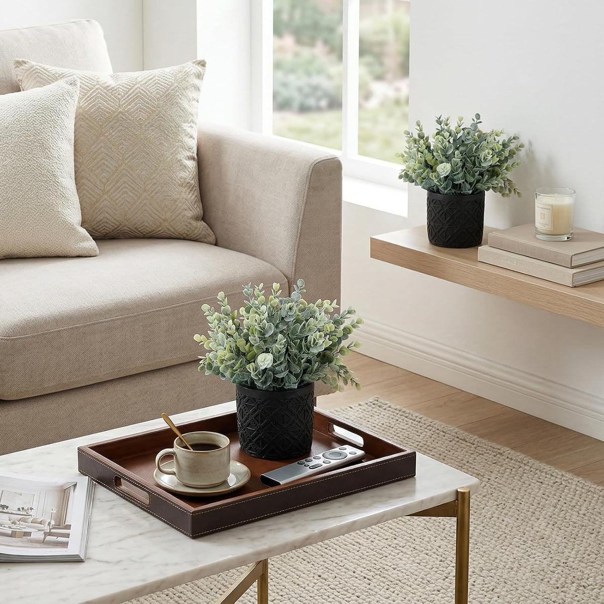 MyGift Artificial Eucalyptus Plant in Modern Gray Concrete Pots