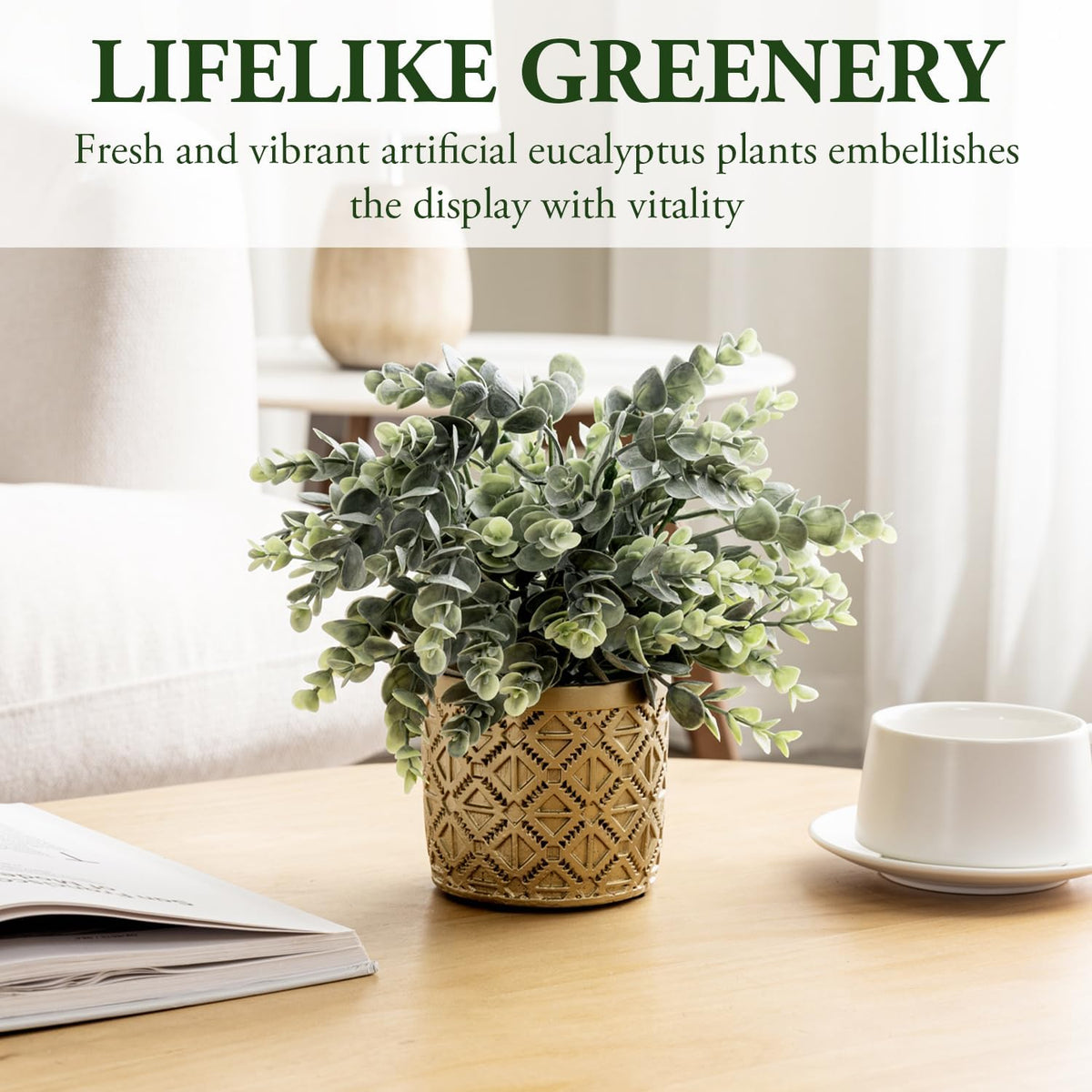 MyGift Artificial Eucalyptus Plant in Modern Gray Concrete Pots