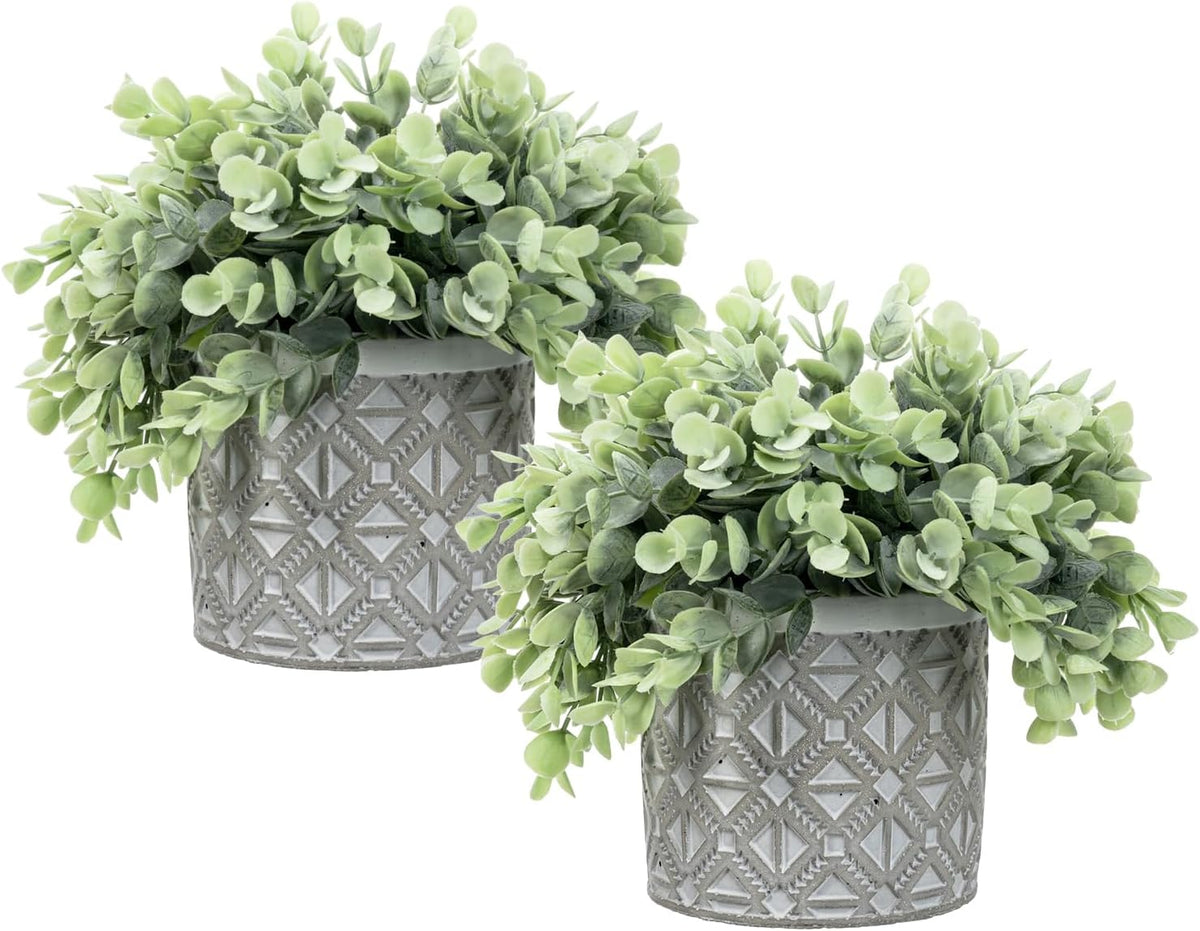 MyGift Artificial Eucalyptus Plant in Modern Gray Concrete Pots