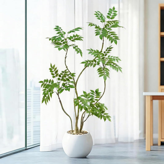 Artificial Mahonia Tree 6FT, Realistic Faux Indoor Tree with White Planter and Decorative Stones, Real-Touch Leaves, Bendable Branches, Tall Fake Floor Plant for Living Room Office Entryway Decor