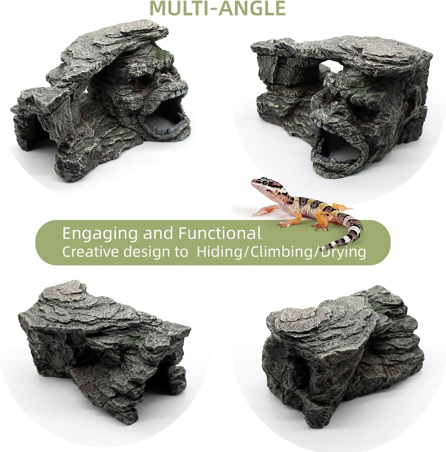 Gecko Hide Shale Scape Step Ledge, Reptile Rock Basking Platform Cave Hideout Tank Accessories Decorations, Great for Reptiles, Amphibians, Leopard Gecko, Snake, Lizard, Frogs, Turtle