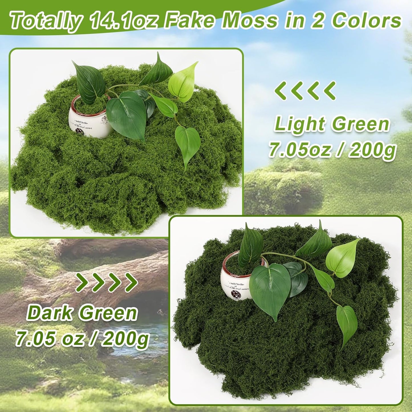 Fake Moss for Crafts, 14.1 OZ Artificial Moss for Plants Indoor Decorative Light Green and Dark Green Faux Moss DIY Fairy Garden Decor for Potted Plant