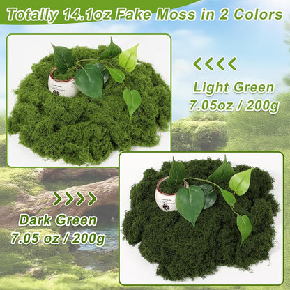 Fake Moss for Crafts, 14.1 OZ Artificial Moss for Plants Indoor Decorative Light Green and Dark Green Faux Moss DIY Fairy Garden Decor for Potted Plant