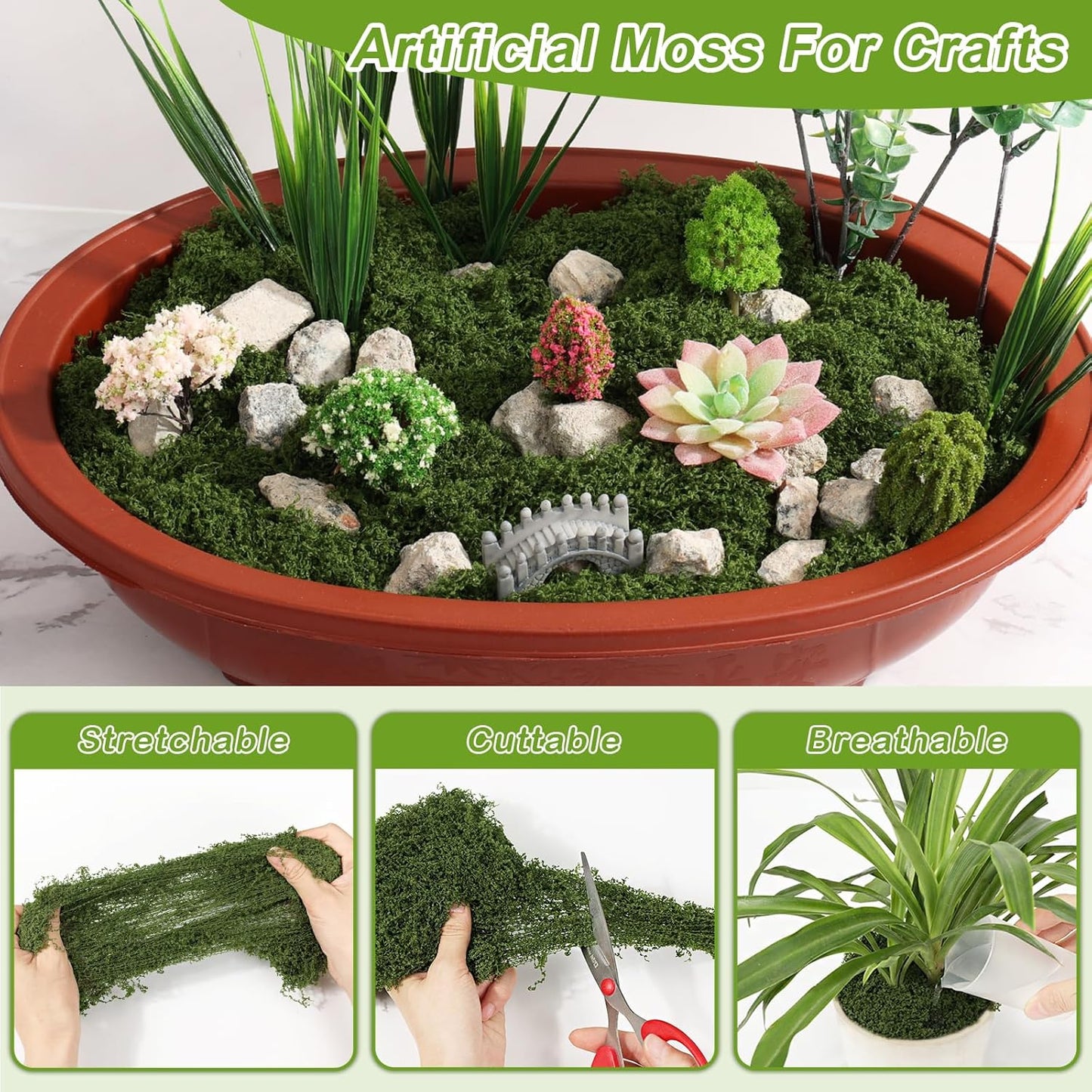 Fake Moss for Crafts, 14.1 OZ Artificial Moss for Plants Indoor Decorative Light Green and Dark Green Faux Moss DIY Fairy Garden Decor for Potted Plant