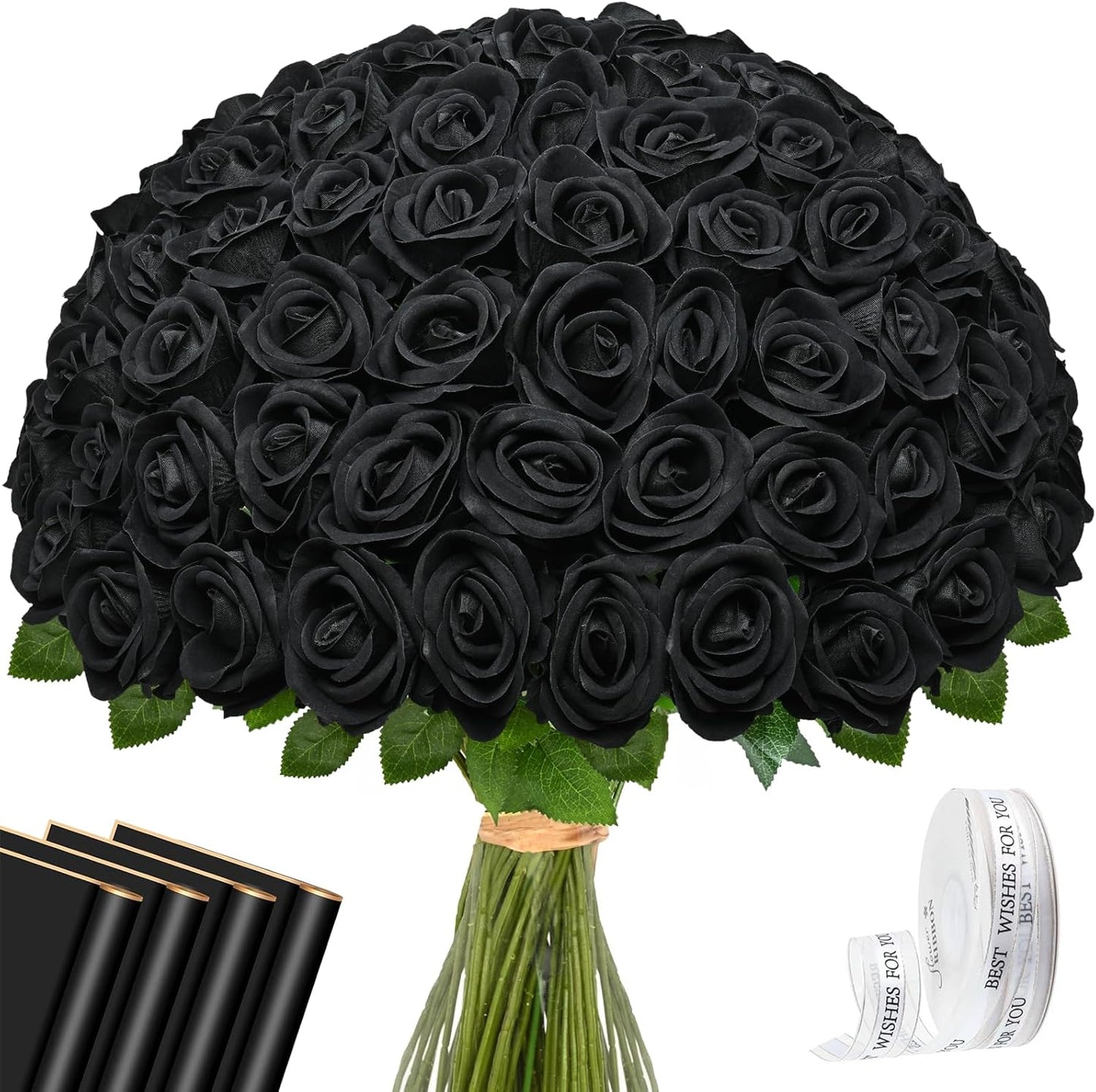 Red Roses Artificial Flowers Bulk, Real Touch Velvet Roses with Wrapping Paper, 50 Pcs Fake Flowers for Wedding Centerpieces Bridal Bouquet Valentines Mothers Day Graduation Decor