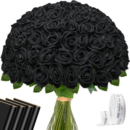Red Roses Artificial Flowers Bulk, Real Touch Velvet Roses with Wrapping Paper, 50 Pcs Fake Flowers for Wedding Centerpieces Bridal Bouquet Valentines Mothers Day Graduation Decor