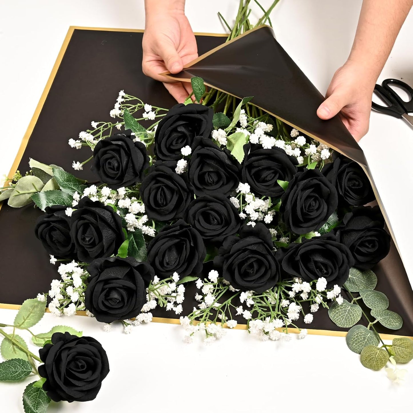 Red Roses Artificial Flowers Bulk, Real Touch Velvet Roses with Wrapping Paper, 50 Pcs Fake Flowers for Wedding Centerpieces Bridal Bouquet Valentines Mothers Day Graduation Decor
