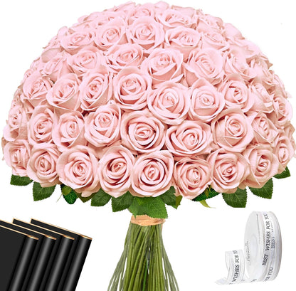 Red Roses Artificial Flowers Bulk, Real Touch Velvet Roses with Wrapping Paper, 50 Pcs Fake Flowers for Wedding Centerpieces Bridal Bouquet Valentines Mothers Day Graduation Decor