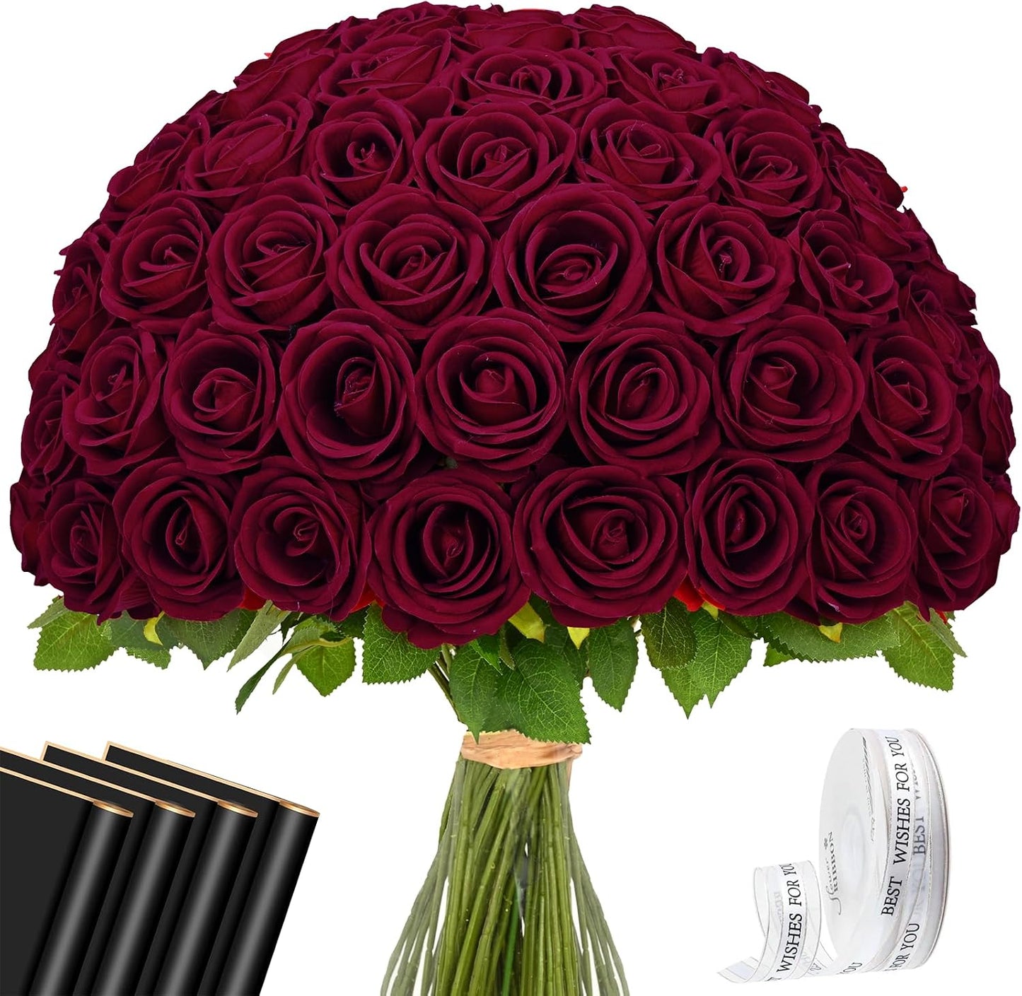 Red Roses Artificial Flowers Bulk, Real Touch Velvet Roses with Wrapping Paper, 50 Pcs Fake Flowers for Wedding Centerpieces Bridal Bouquet Valentines Mothers Day Graduation Decor