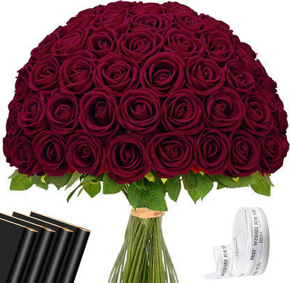 Red Roses Artificial Flowers Bulk, Real Touch Velvet Roses with Wrapping Paper, 50 Pcs Fake Flowers for Wedding Centerpieces Bridal Bouquet Valentines Mothers Day Graduation Decor