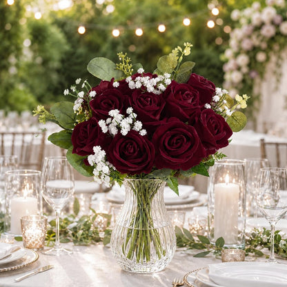 Red Roses Artificial Flowers Bulk, Real Touch Velvet Roses with Wrapping Paper, 50 Pcs Fake Flowers for Wedding Centerpieces Bridal Bouquet Valentines Mothers Day Graduation Decor