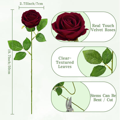 Red Roses Artificial Flowers Bulk, Real Touch Velvet Roses with Wrapping Paper, 50 Pcs Fake Flowers for Wedding Centerpieces Bridal Bouquet Valentines Mothers Day Graduation Decor
