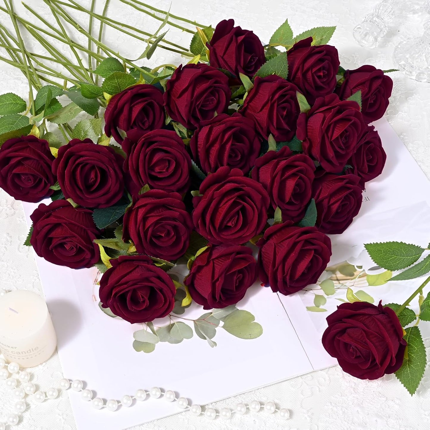 Red Roses Artificial Flowers Bulk, Real Touch Velvet Roses with Wrapping Paper, 50 Pcs Fake Flowers for Wedding Centerpieces Bridal Bouquet Valentines Mothers Day Graduation Decor