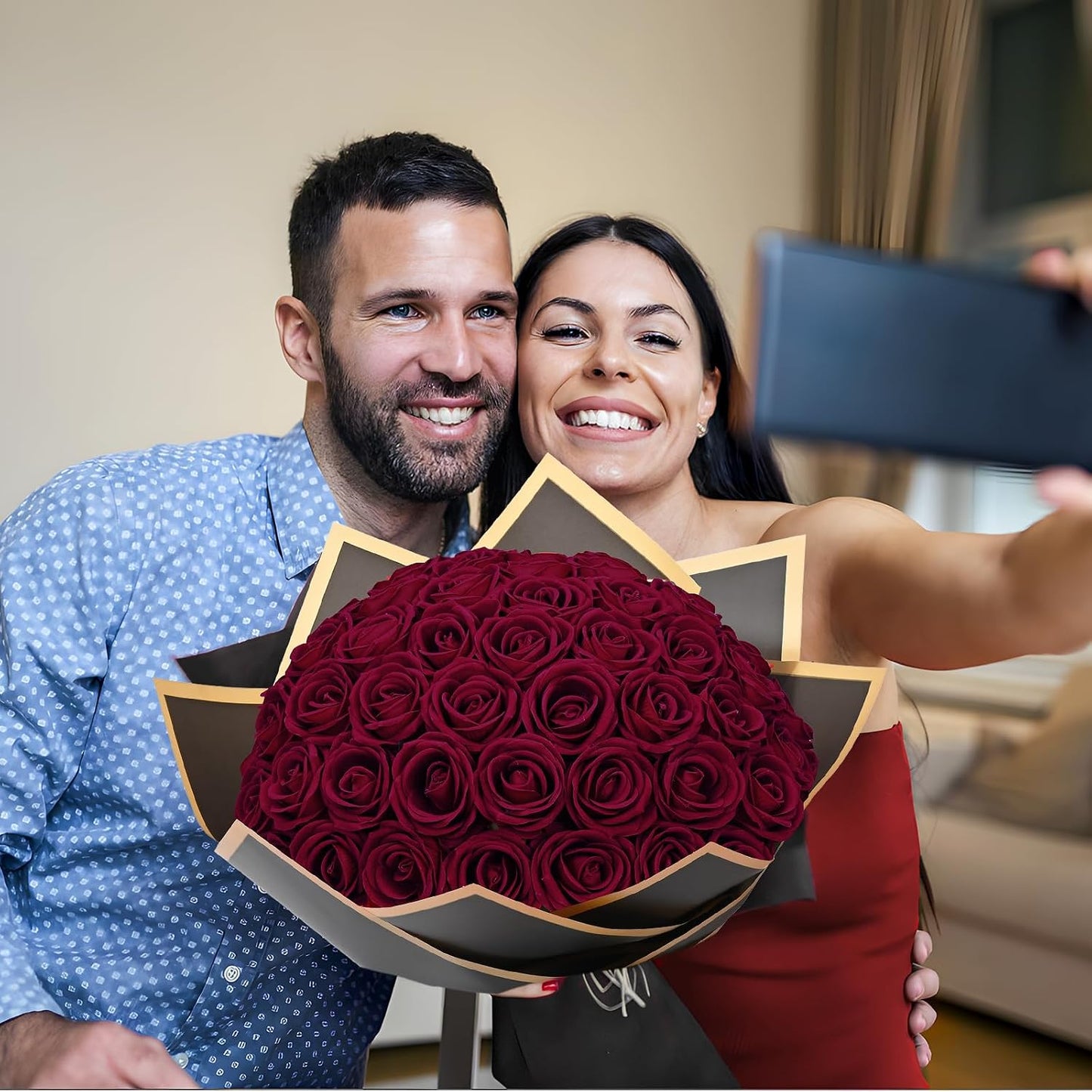 Red Roses Artificial Flowers Bulk, Real Touch Velvet Roses with Wrapping Paper, 50 Pcs Fake Flowers for Wedding Centerpieces Bridal Bouquet Valentines Mothers Day Graduation Decor