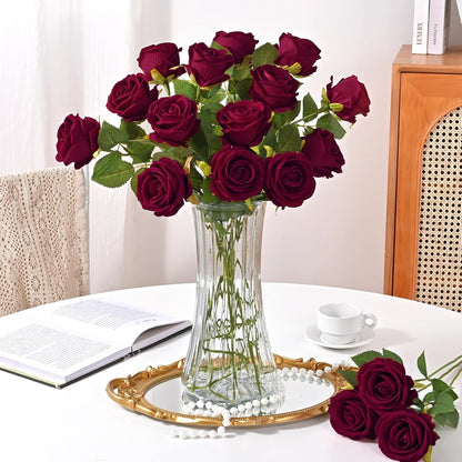 Red Roses Artificial Flowers Bulk, Real Touch Velvet Roses with Wrapping Paper, 50 Pcs Fake Flowers for Wedding Centerpieces Bridal Bouquet Valentines Mothers Day Graduation Decor