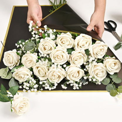 Red Roses Artificial Flowers Bulk, Real Touch Velvet Roses with Wrapping Paper, 50 Pcs Fake Flowers for Wedding Centerpieces Bridal Bouquet Valentines Mothers Day Graduation Decor