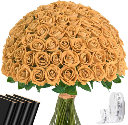 Red Roses Artificial Flowers Bulk, Real Touch Velvet Roses with Wrapping Paper, 50 Pcs Fake Flowers for Wedding Centerpieces Bridal Bouquet Valentines Mothers Day Graduation Decor