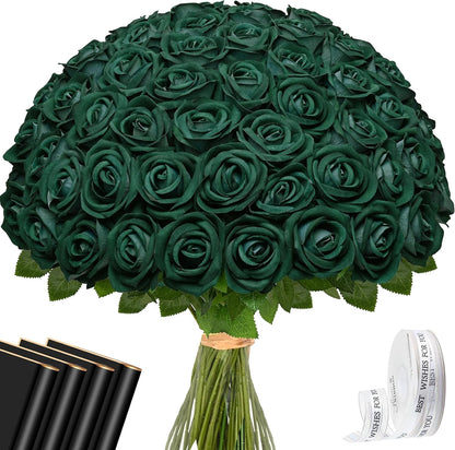 Red Roses Artificial Flowers Bulk, Real Touch Velvet Roses with Wrapping Paper, 50 Pcs Fake Flowers for Wedding Centerpieces Bridal Bouquet Valentines Mothers Day Graduation Decor