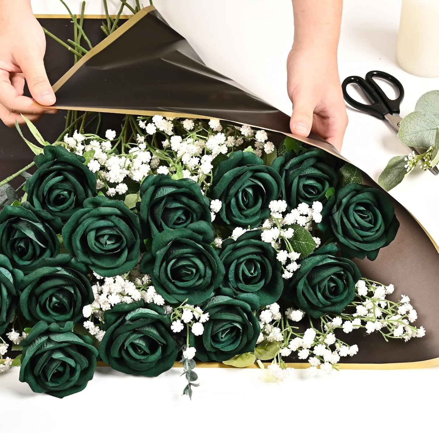 Red Roses Artificial Flowers Bulk, Real Touch Velvet Roses with Wrapping Paper, 50 Pcs Fake Flowers for Wedding Centerpieces Bridal Bouquet Valentines Mothers Day Graduation Decor