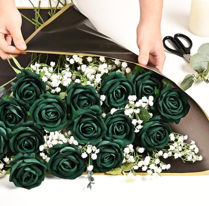 Red Roses Artificial Flowers Bulk, Real Touch Velvet Roses with Wrapping Paper, 50 Pcs Fake Flowers for Wedding Centerpieces Bridal Bouquet Valentines Mothers Day Graduation Decor