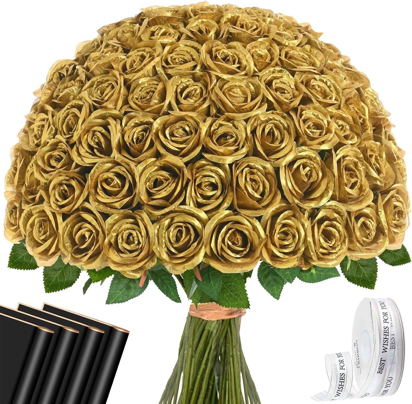 Red Roses Artificial Flowers Bulk, Real Touch Velvet Roses with Wrapping Paper, 50 Pcs Fake Flowers for Wedding Centerpieces Bridal Bouquet Valentines Mothers Day Graduation Decor