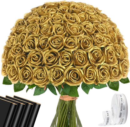 Red Roses Artificial Flowers Bulk, Real Touch Velvet Roses with Wrapping Paper, 50 Pcs Fake Flowers for Wedding Centerpieces Bridal Bouquet Valentines Mothers Day Graduation Decor