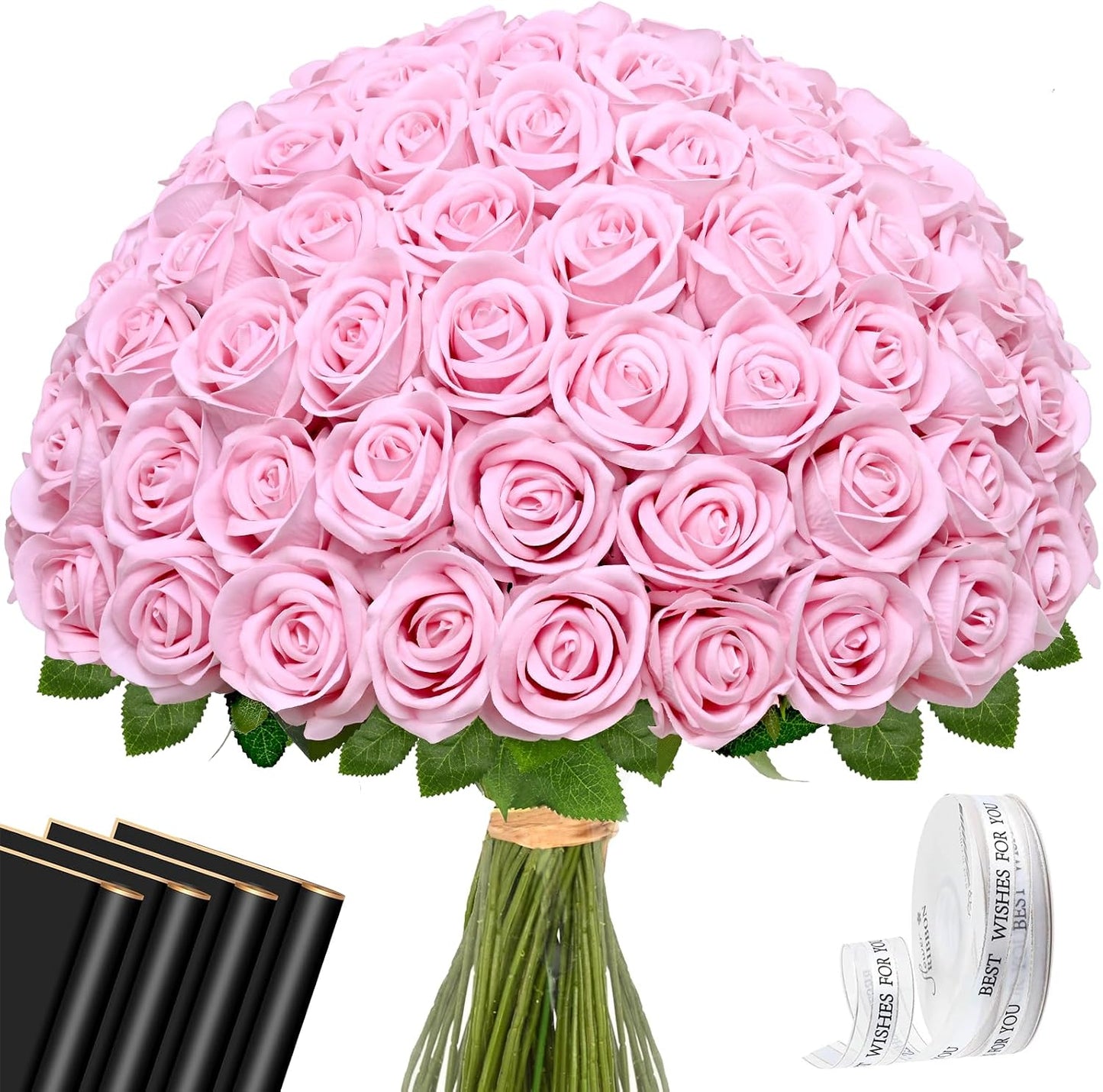Red Roses Artificial Flowers Bulk, Real Touch Velvet Roses with Wrapping Paper, 50 Pcs Fake Flowers for Wedding Centerpieces Bridal Bouquet Valentines Mothers Day Graduation Decor