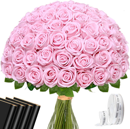 Red Roses Artificial Flowers Bulk, Real Touch Velvet Roses with Wrapping Paper, 50 Pcs Fake Flowers for Wedding Centerpieces Bridal Bouquet Valentines Mothers Day Graduation Decor