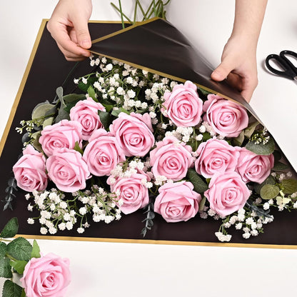 Red Roses Artificial Flowers Bulk, Real Touch Velvet Roses with Wrapping Paper, 50 Pcs Fake Flowers for Wedding Centerpieces Bridal Bouquet Valentines Mothers Day Graduation Decor