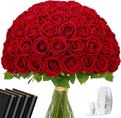 Red Roses Artificial Flowers Bulk, Real Touch Velvet Roses with Wrapping Paper, 50 Pcs Fake Flowers for Wedding Centerpieces Bridal Bouquet Valentines Mothers Day Graduation Decor