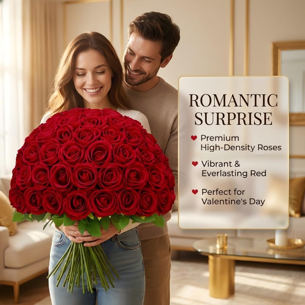Red Roses Artificial Flowers Bulk, Real Touch Velvet Roses with Wrapping Paper, 50 Pcs Fake Flowers for Wedding Centerpieces Bridal Bouquet Valentines Mothers Day Graduation Decor