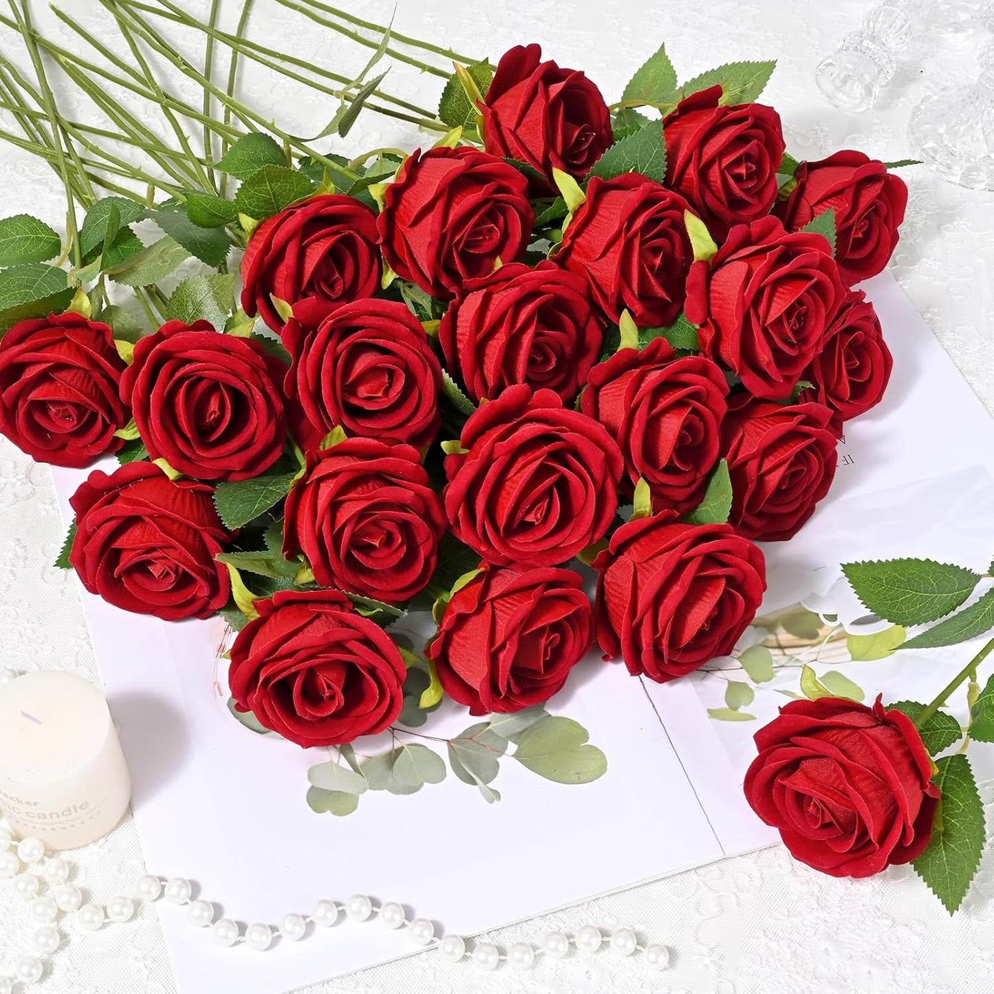 Red Roses Artificial Flowers Bulk, Real Touch Velvet Roses with Wrapping Paper, 50 Pcs Fake Flowers for Wedding Centerpieces Bridal Bouquet Valentines Mothers Day Graduation Decor