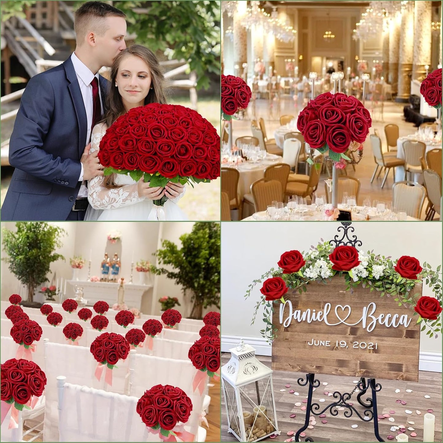 Red Roses Artificial Flowers Bulk, Real Touch Velvet Roses with Wrapping Paper, 50 Pcs Fake Flowers for Wedding Centerpieces Bridal Bouquet Valentines Mothers Day Graduation Decor