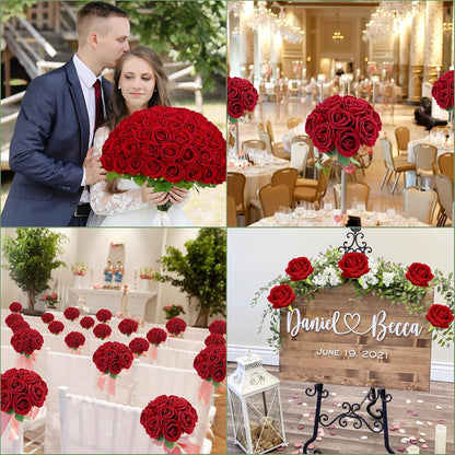 Red Roses Artificial Flowers Bulk, Real Touch Velvet Roses with Wrapping Paper, 50 Pcs Fake Flowers for Wedding Centerpieces Bridal Bouquet Valentines Mothers Day Graduation Decor