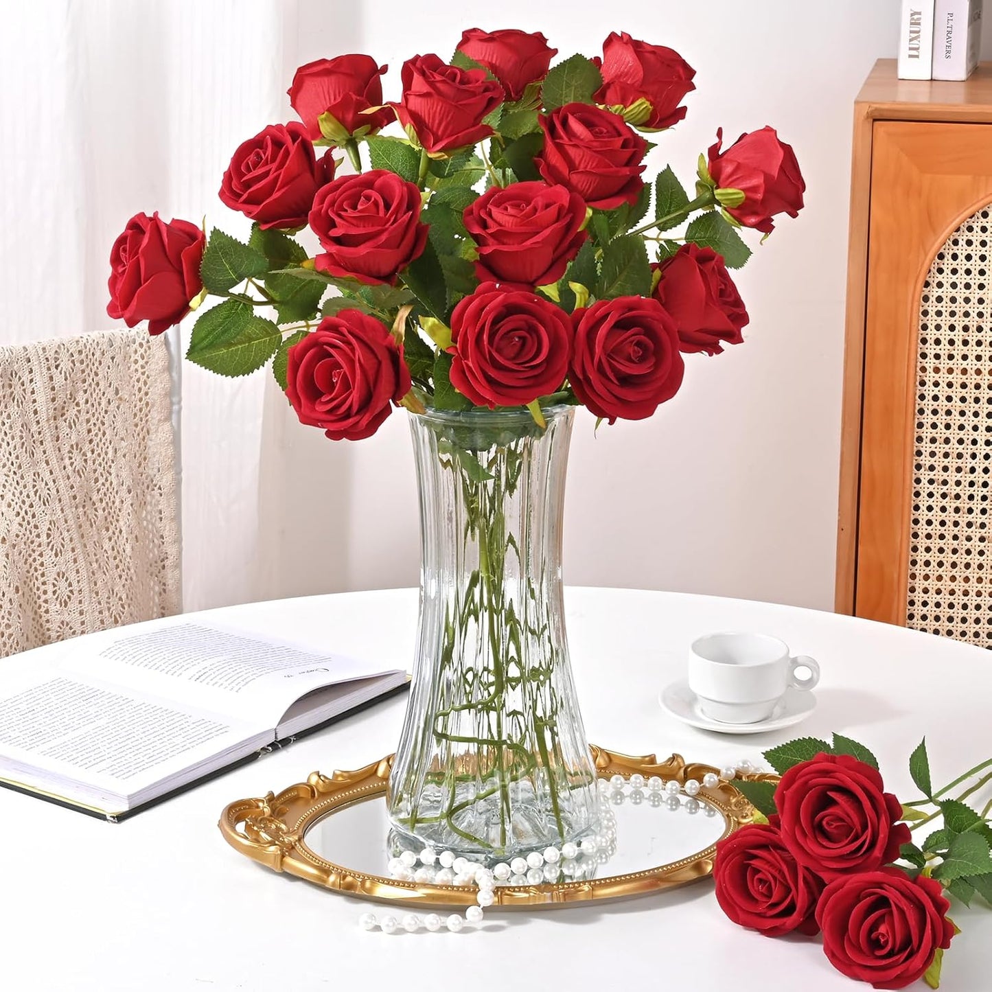 Red Roses Artificial Flowers Bulk, Real Touch Velvet Roses with Wrapping Paper, 50 Pcs Fake Flowers for Wedding Centerpieces Bridal Bouquet Valentines Mothers Day Graduation Decor