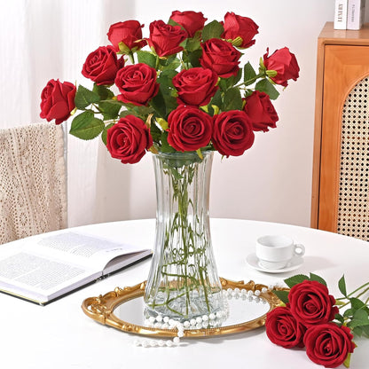 Red Roses Artificial Flowers Bulk, Real Touch Velvet Roses with Wrapping Paper, 50 Pcs Fake Flowers for Wedding Centerpieces Bridal Bouquet Valentines Mothers Day Graduation Decor