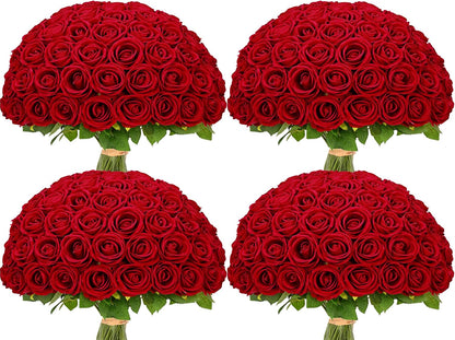 Red Roses Artificial Flowers Bulk, Real Touch Velvet Roses with Wrapping Paper, 50 Pcs Fake Flowers for Wedding Centerpieces Bridal Bouquet Valentines Mothers Day Graduation Decor