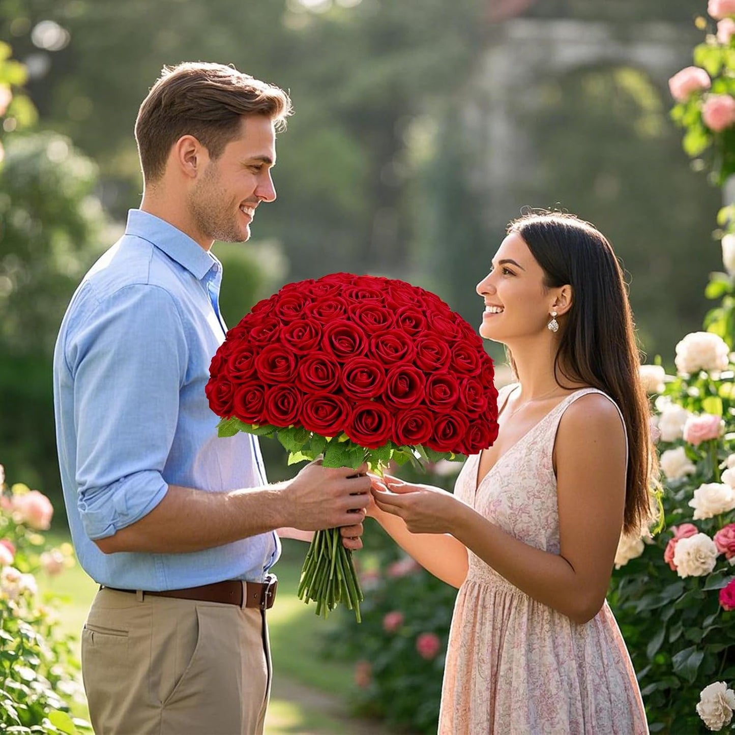 Red Roses Artificial Flowers Bulk, Real Touch Velvet Roses with Wrapping Paper, 50 Pcs Fake Flowers for Wedding Centerpieces Bridal Bouquet Valentines Mothers Day Graduation Decor