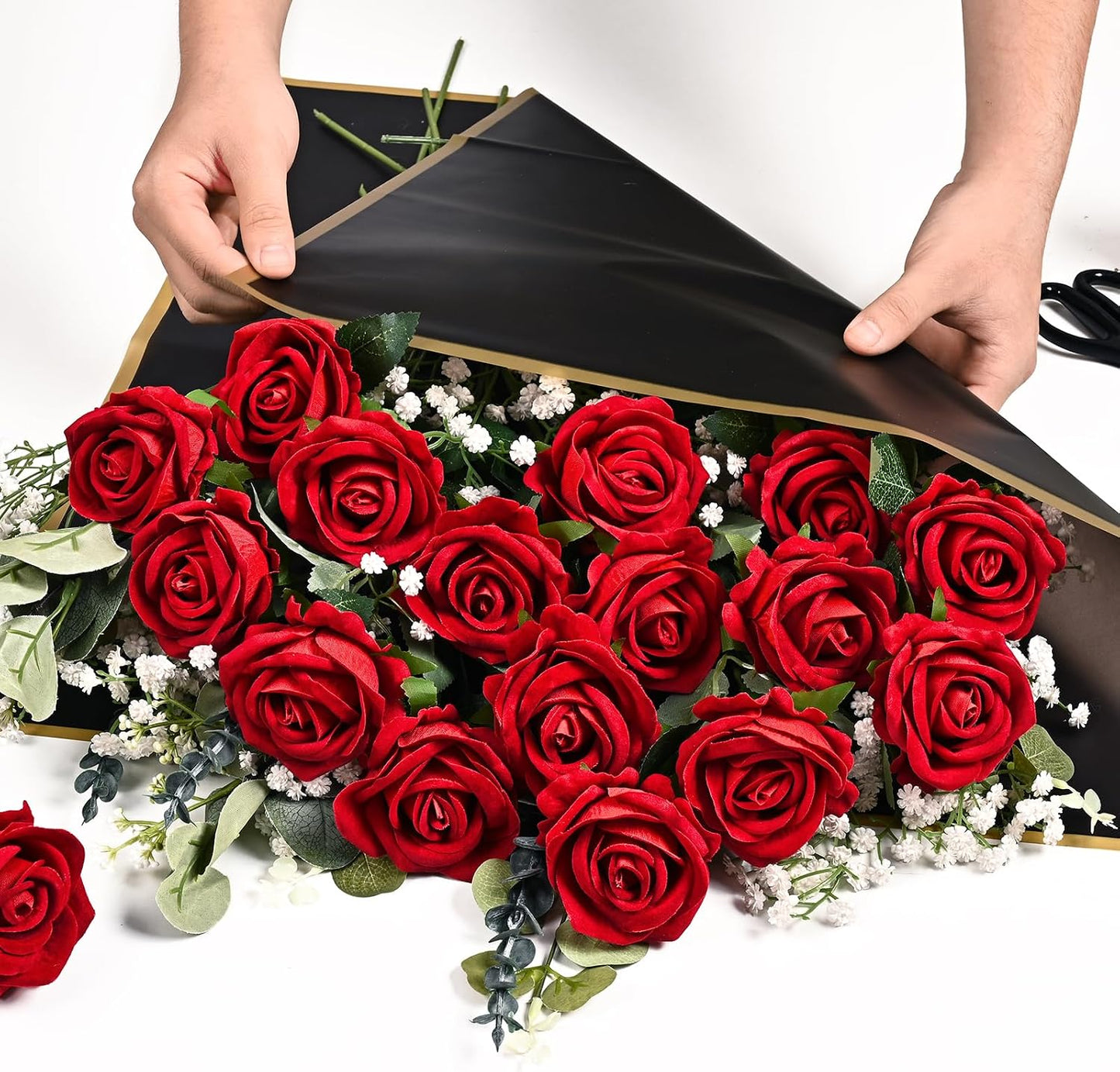 Red Roses Artificial Flowers Bulk, Real Touch Velvet Roses with Wrapping Paper, 50 Pcs Fake Flowers for Wedding Centerpieces Bridal Bouquet Valentines Mothers Day Graduation Decor