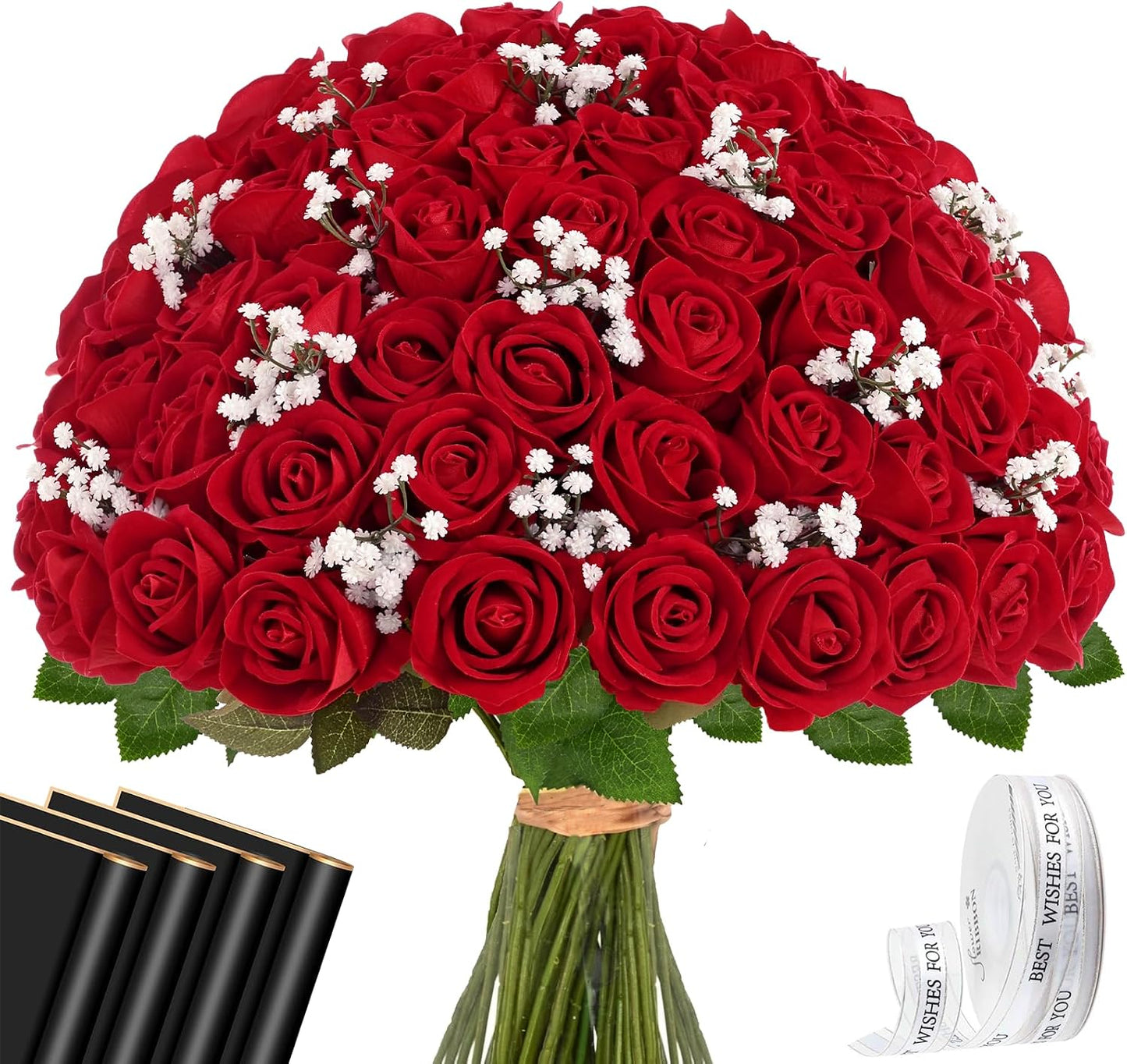 Red Roses Artificial Flowers Bulk, Real Touch Velvet Roses with Wrapping Paper, 50 Pcs Fake Flowers for Wedding Centerpieces Bridal Bouquet Valentines Mothers Day Graduation Decor