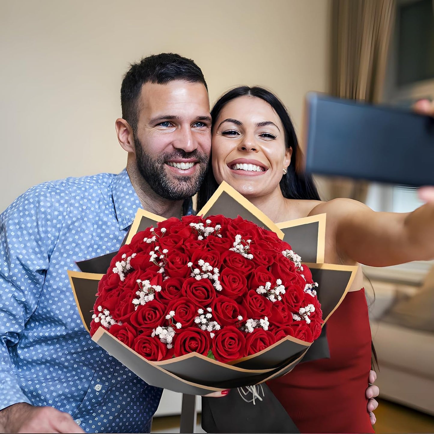 Red Roses Artificial Flowers Bulk, Real Touch Velvet Roses with Wrapping Paper, 50 Pcs Fake Flowers for Wedding Centerpieces Bridal Bouquet Valentines Mothers Day Graduation Decor