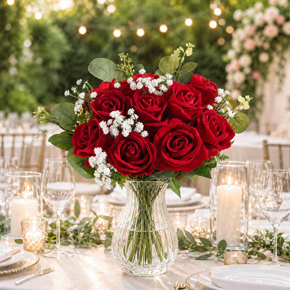 Red Roses Artificial Flowers Bulk, Real Touch Velvet Roses with Wrapping Paper, 50 Pcs Fake Flowers for Wedding Centerpieces Bridal Bouquet Valentines Mothers Day Graduation Decor
