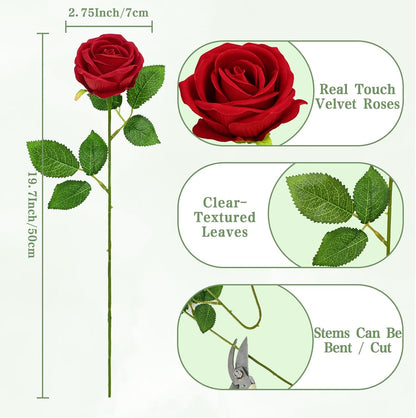 Red Roses Artificial Flowers Bulk, Real Touch Velvet Roses with Wrapping Paper, 50 Pcs Fake Flowers for Wedding Centerpieces Bridal Bouquet Valentines Mothers Day Graduation Decor