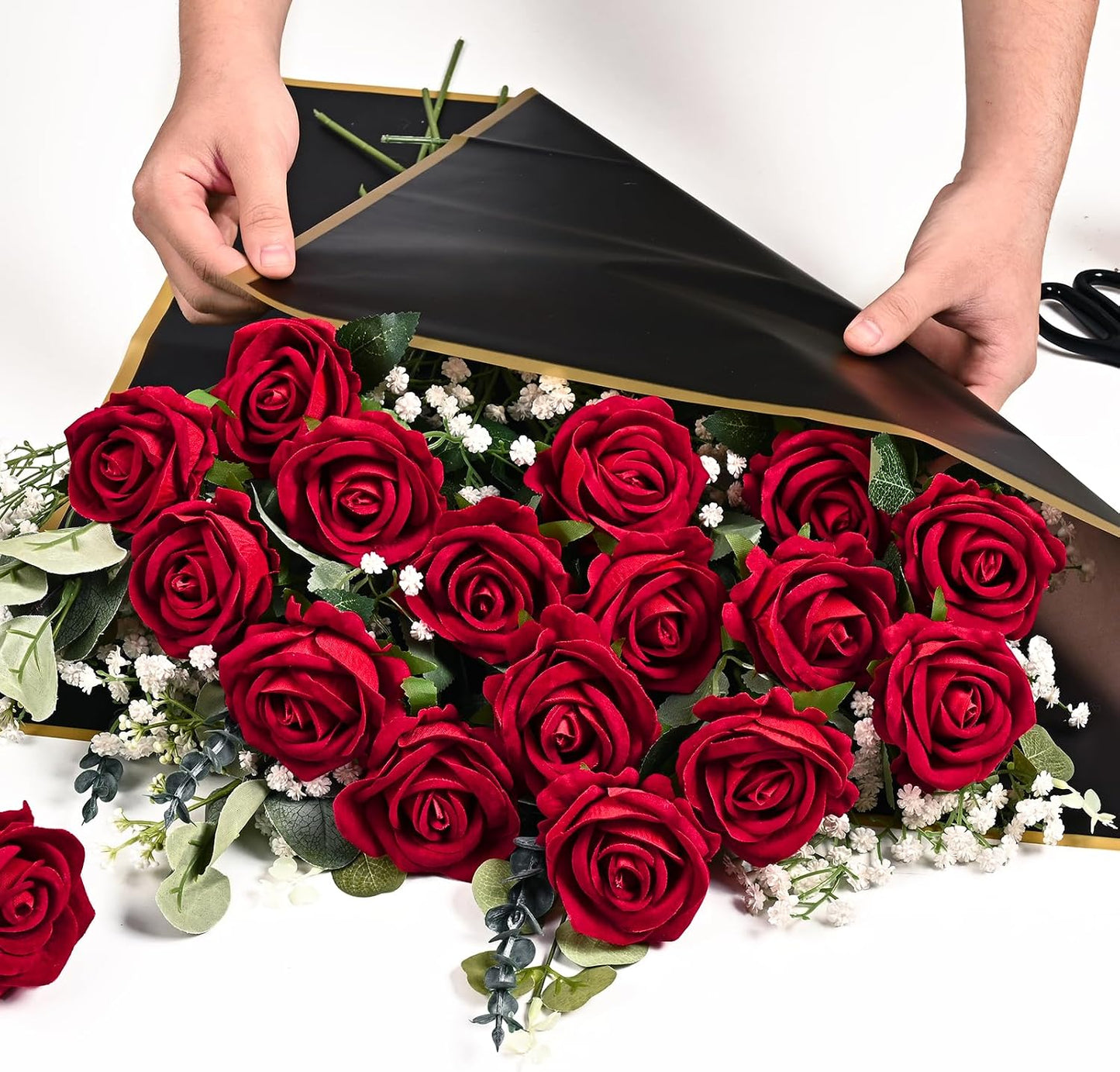 Red Roses Artificial Flowers Bulk, Real Touch Velvet Roses with Wrapping Paper, 50 Pcs Fake Flowers for Wedding Centerpieces Bridal Bouquet Valentines Mothers Day Graduation Decor