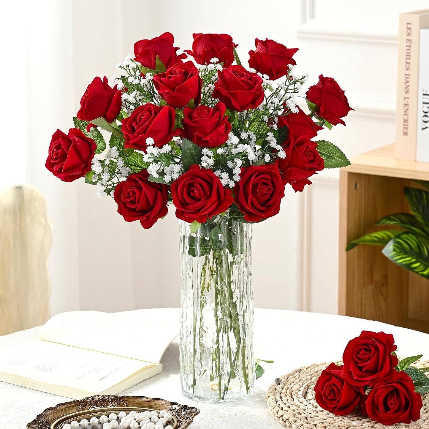 Red Roses Artificial Flowers Bulk, Real Touch Velvet Roses with Wrapping Paper, 50 Pcs Fake Flowers for Wedding Centerpieces Bridal Bouquet Valentines Mothers Day Graduation Decor
