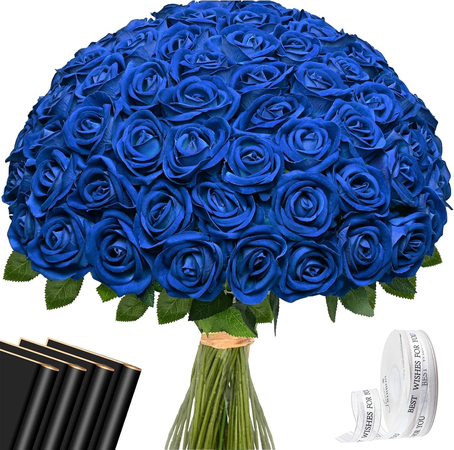 Red Roses Artificial Flowers Bulk, Real Touch Velvet Roses with Wrapping Paper, 50 Pcs Fake Flowers for Wedding Centerpieces Bridal Bouquet Valentines Mothers Day Graduation Decor