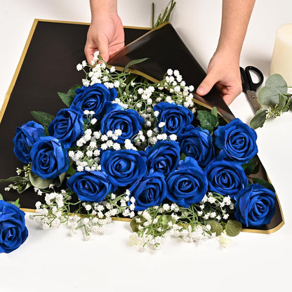 Red Roses Artificial Flowers Bulk, Real Touch Velvet Roses with Wrapping Paper, 50 Pcs Fake Flowers for Wedding Centerpieces Bridal Bouquet Valentines Mothers Day Graduation Decor