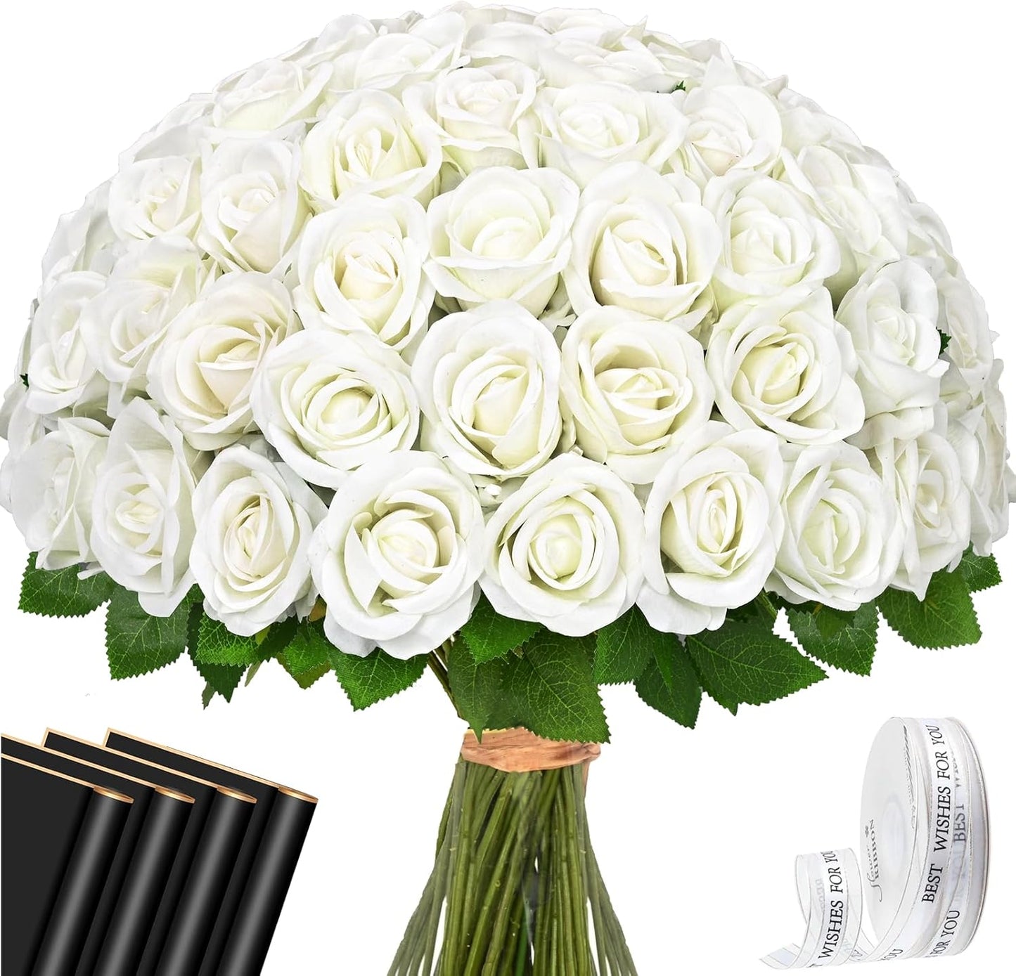 Red Roses Artificial Flowers Bulk, Real Touch Velvet Roses with Wrapping Paper, 50 Pcs Fake Flowers for Wedding Centerpieces Bridal Bouquet Valentines Mothers Day Graduation Decor