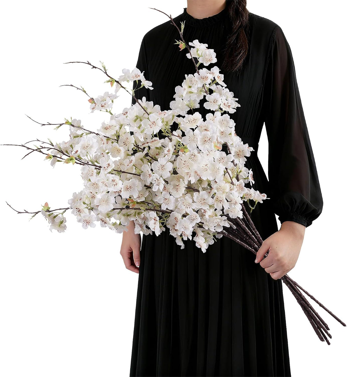 Artificial Cherry Blossom Branches 27.6In Silk Cherry Blossom Branches Long Stem Artificial Flowers for Tall Vase, for Home Decorate, Weddings Decorate, Parties & Festival Gifts (White)