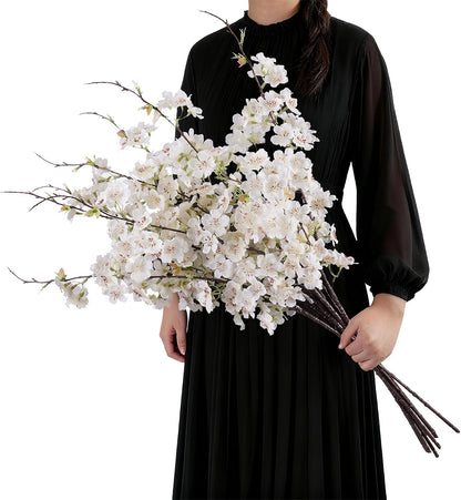Artificial Cherry Blossom Branches 27.6In Silk Cherry Blossom Branches Long Stem Artificial Flowers for Tall Vase, for Home Decorate, Weddings Decorate, Parties & Festival Gifts (White)